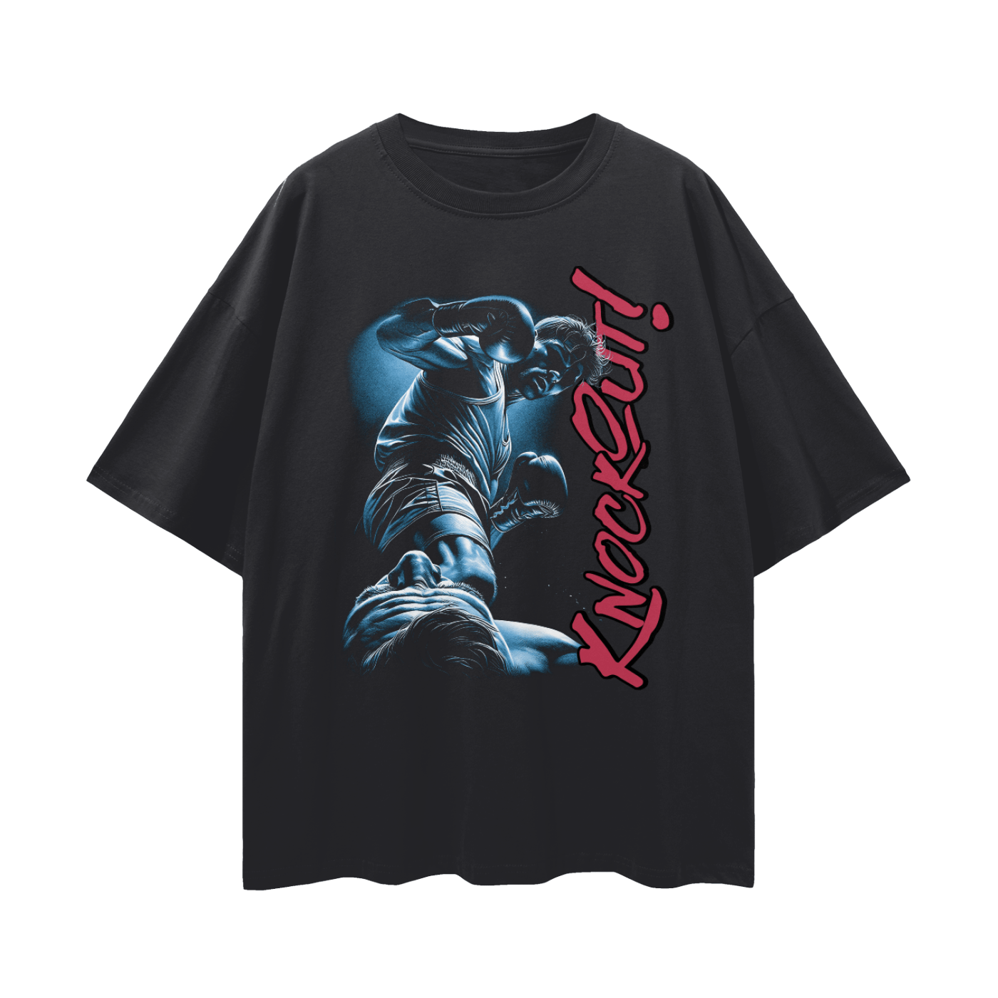 Black t-shirt with a graphic design and 'Knockout!' text on a white background