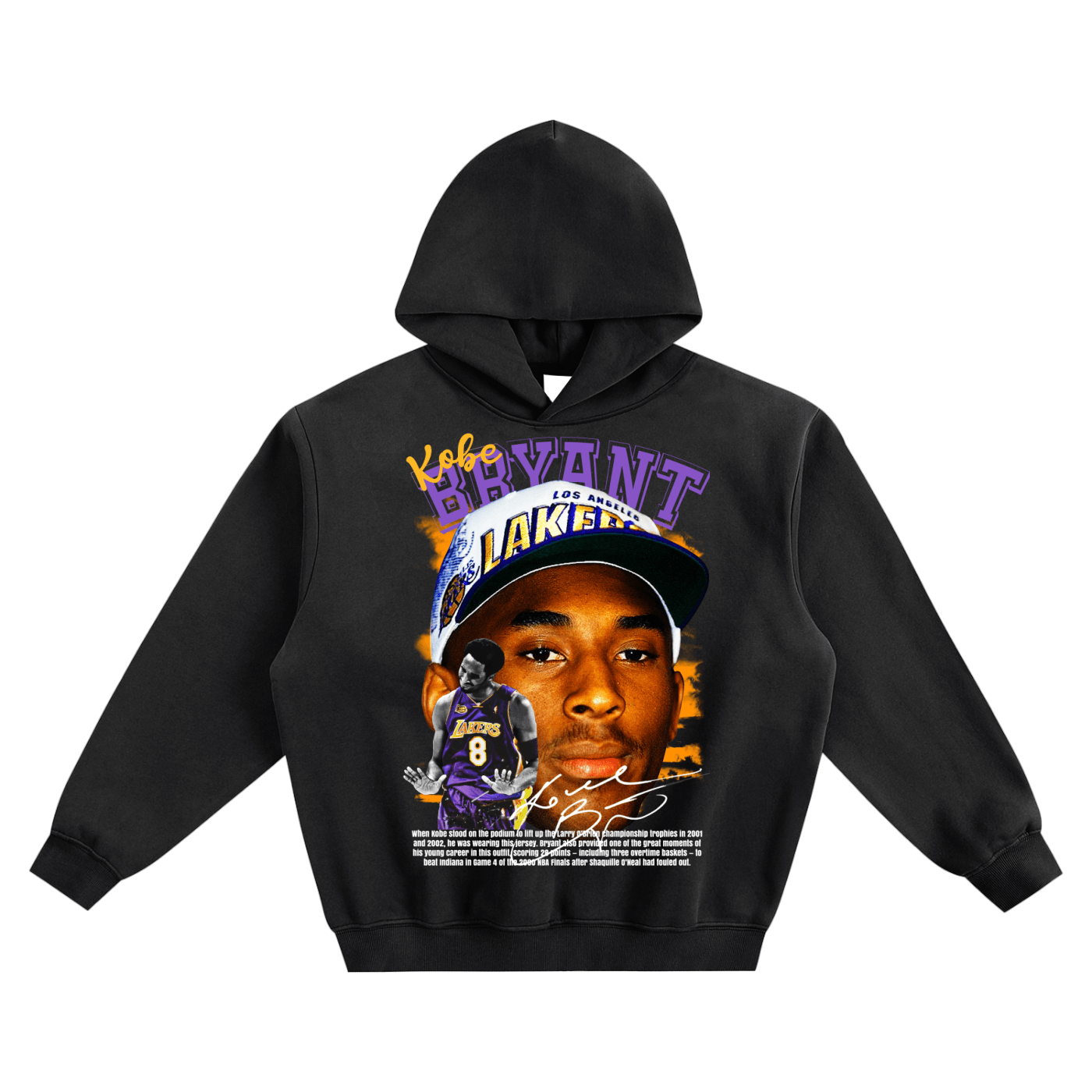 Black hoodie with graphic design featuring a person in a Lakers jersey and cap, with text and signature.