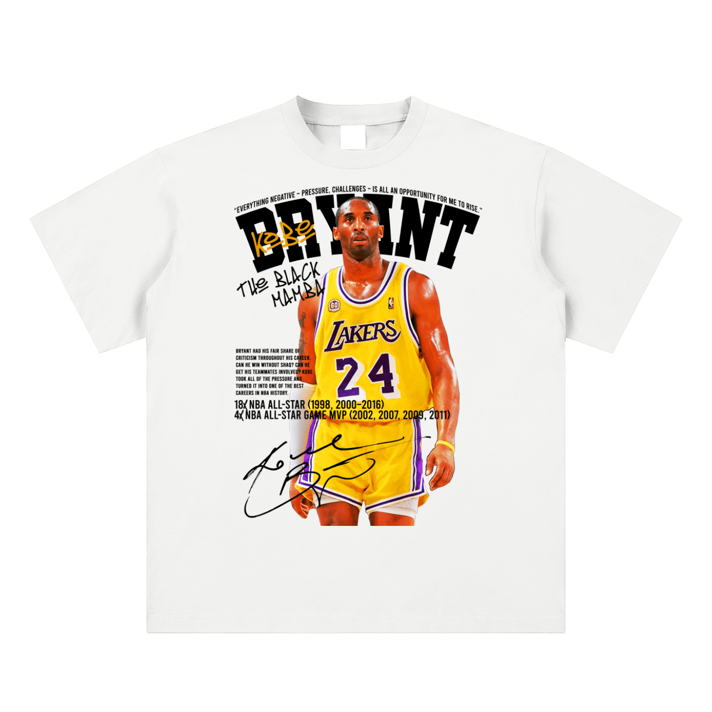 T-shirt with a graphic of a basketball player in a Lakers jersey and text on a white background