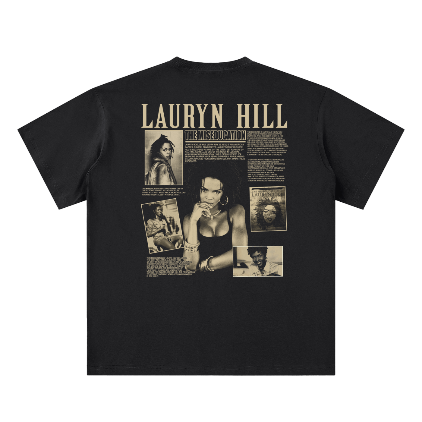Black t-shirt with Lauryn Hill graphic design on a white background