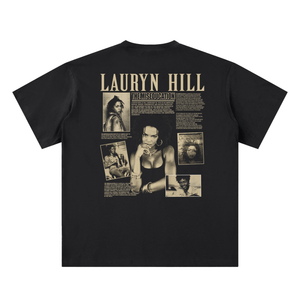 Black t-shirt with Lauryn Hill graphic design on a white background