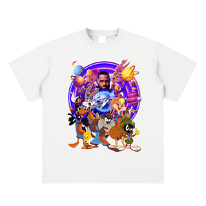 White t-shirt with colorful cartoon character design on a white background
