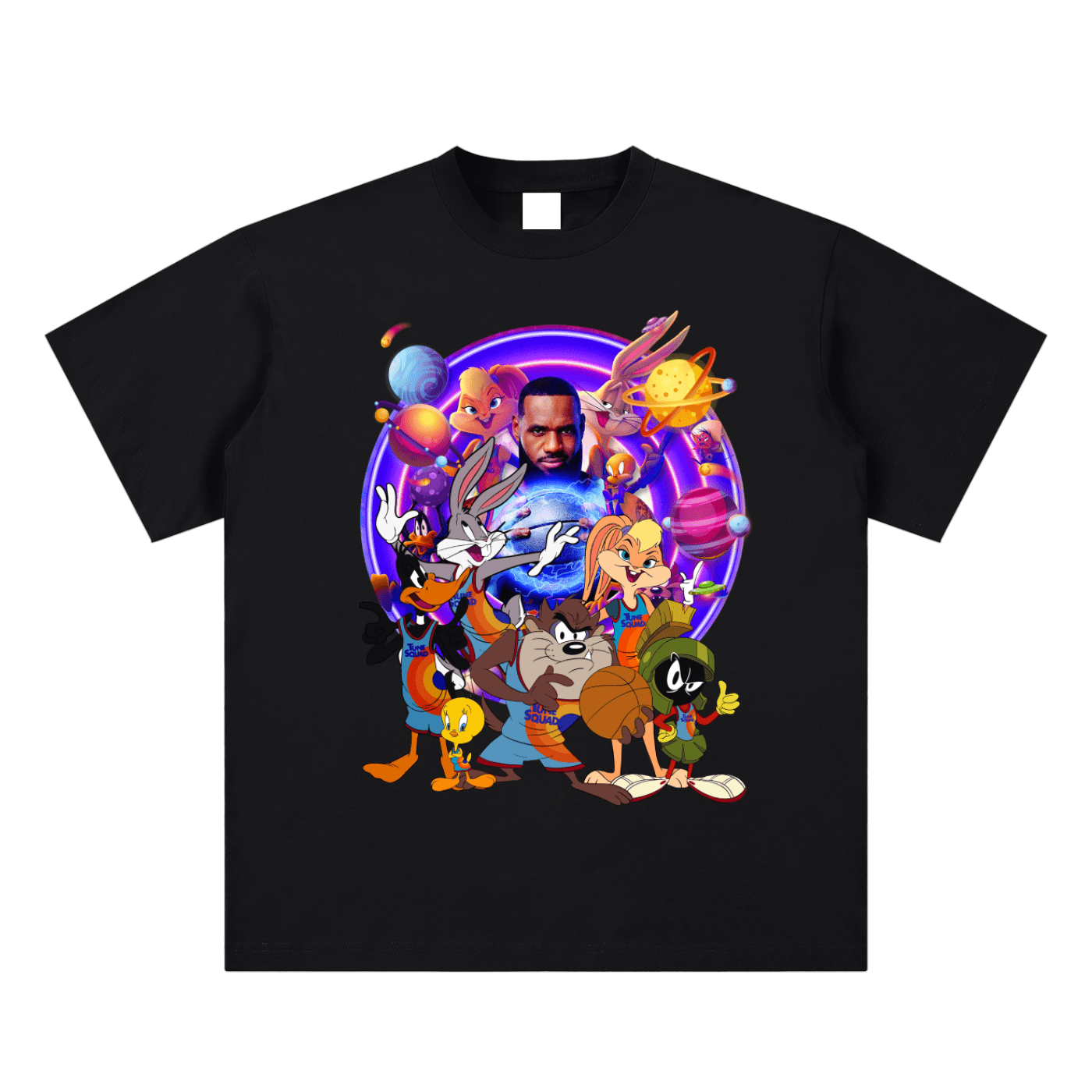 Black t-shirt with colorful cartoon character design on a white background