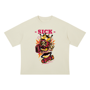 A cream-colored short-sleeve t-shirt with a colorful graphic of a cartoon bee wearing sunglasses and a crown, with the word '-SICK-' printed above it in pink. The t-shirt is displayed flat against a solid white background.