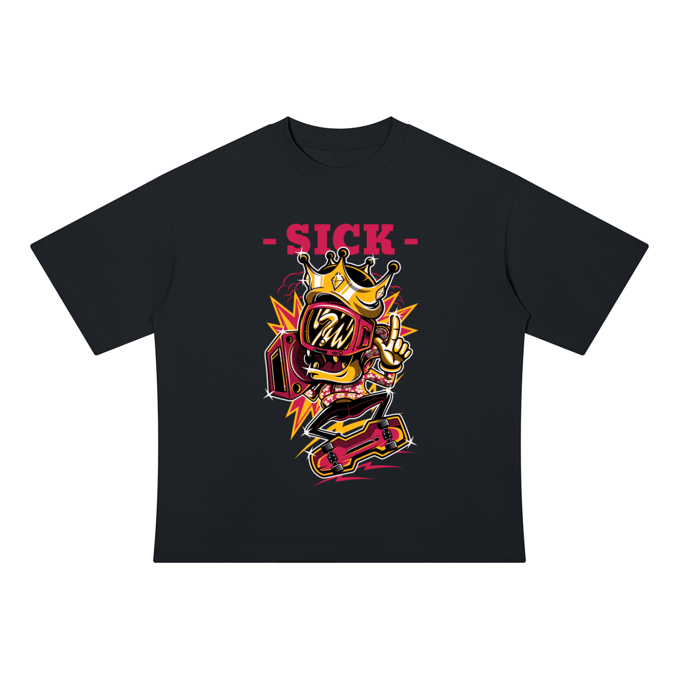 A black short-sleeve t-shirt with a colorful graphic on the chest. The graphic features a cartoon character wearing a gold crown and sunglasses, making a peace sign, with the word '-SICK-' printed in pink above it.