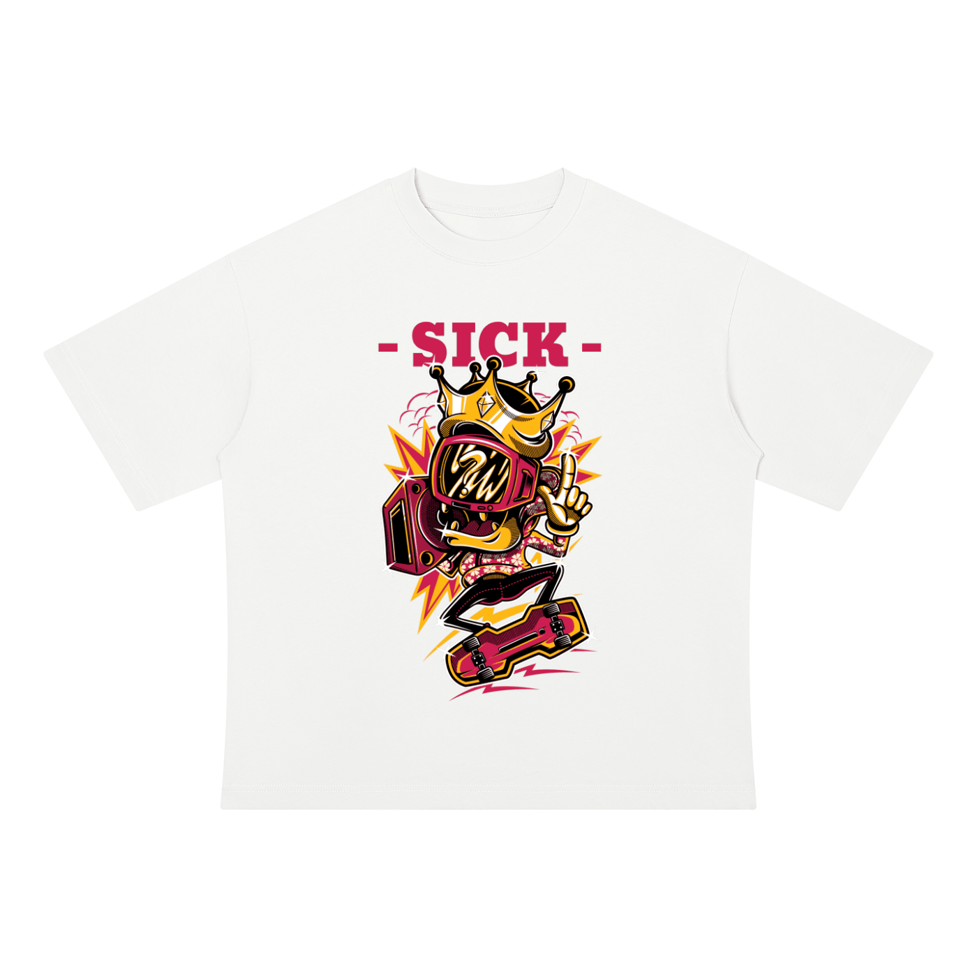 A white short-sleeve crewneck t-shirt featuring a colorful graphic of a cartoon bee wearing sunglasses and a crown, with the word '-SICK-' printed in pink above it, displayed on a clean white background.