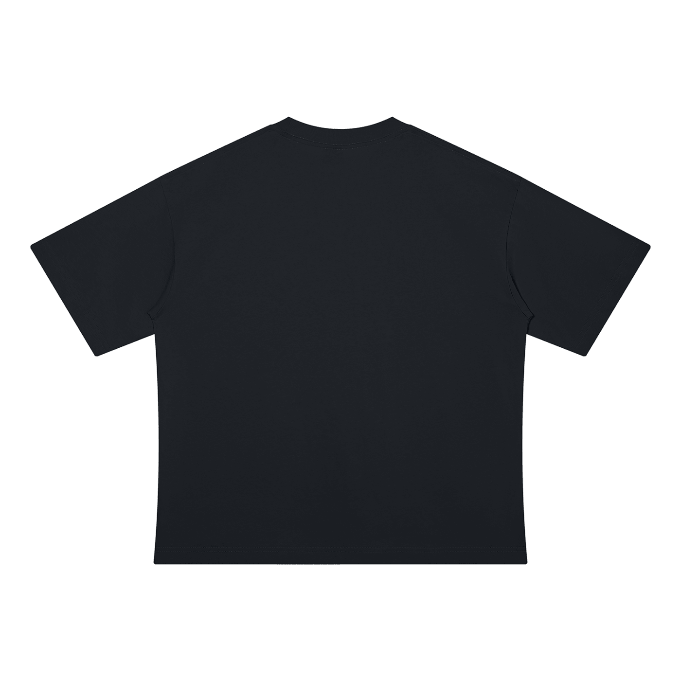 A plain black short-sleeve crewneck t-shirt shown from the back, laid flat against a solid white background.