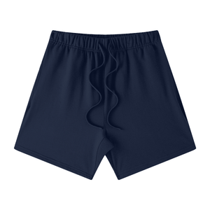 Navy blue swim shorts on a white background