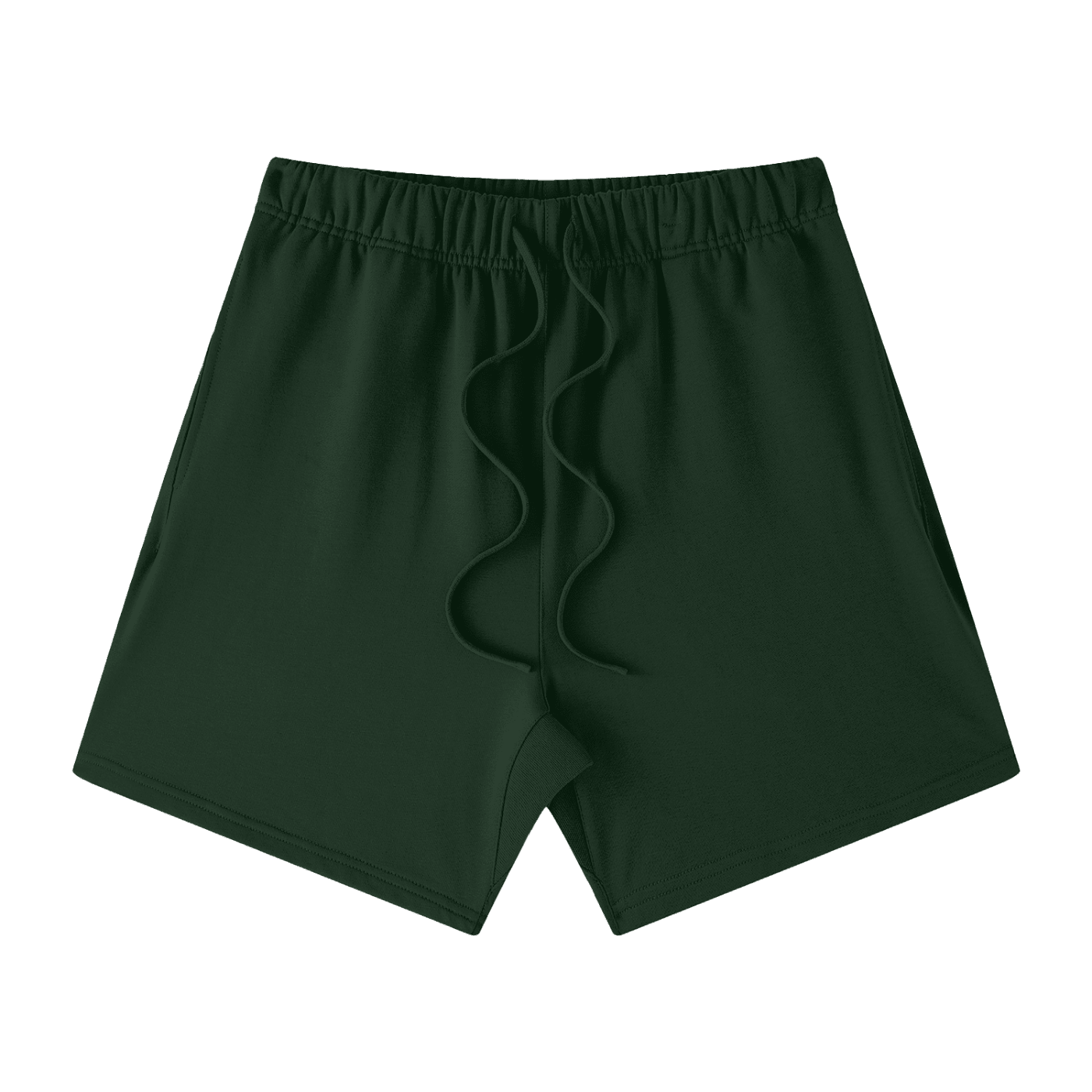 Dark green shorts with a brand logo on a white background