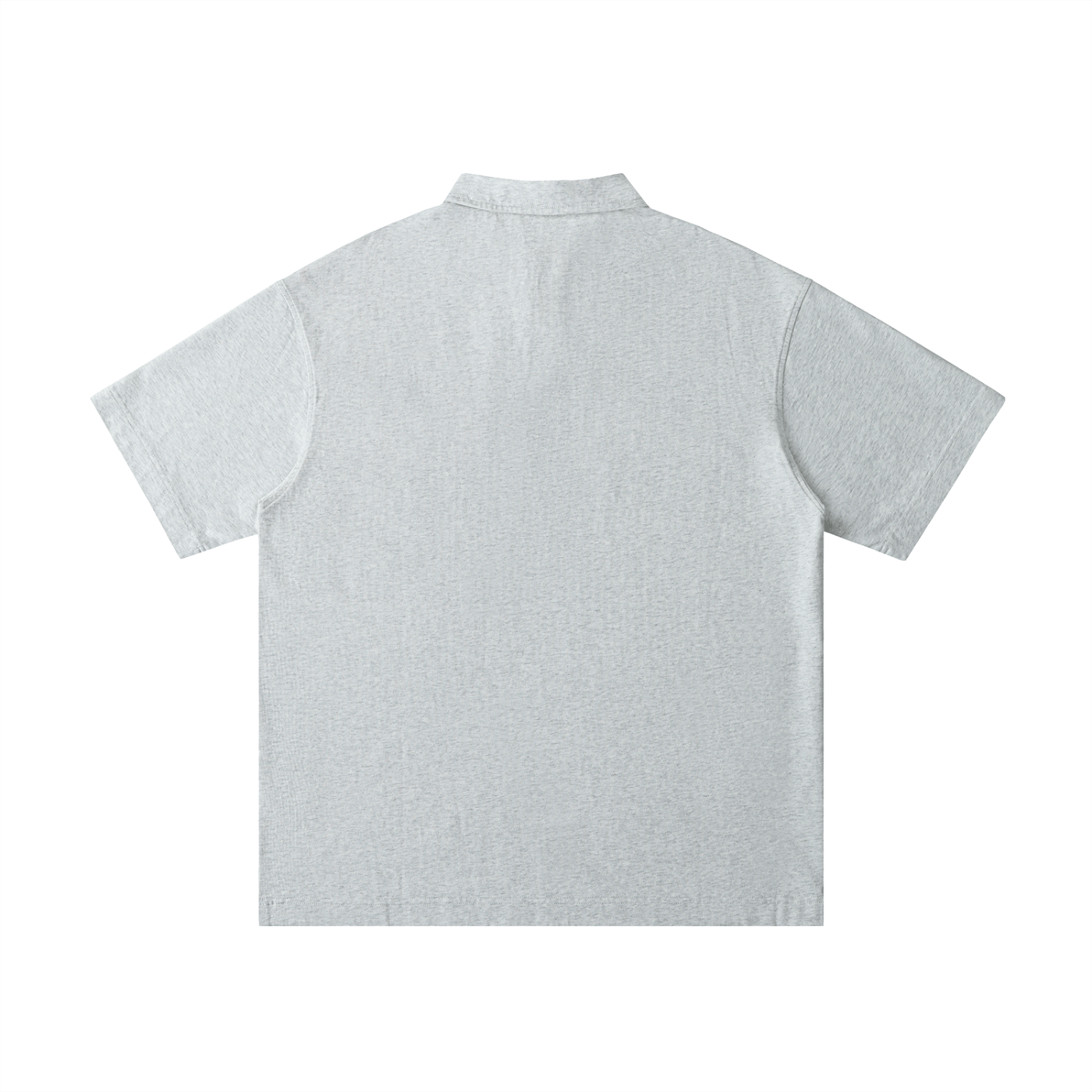 Back view of a light gray polo shirt on a white background