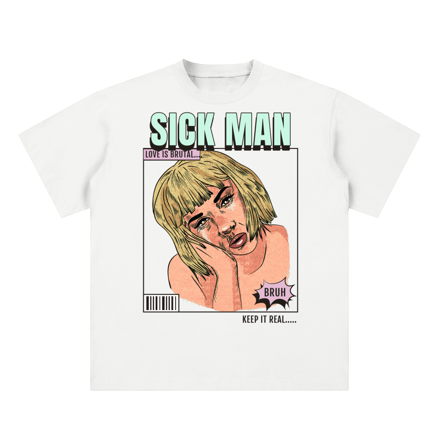 White t-shirt with graphic design featuring a person with green hair and text on a white background