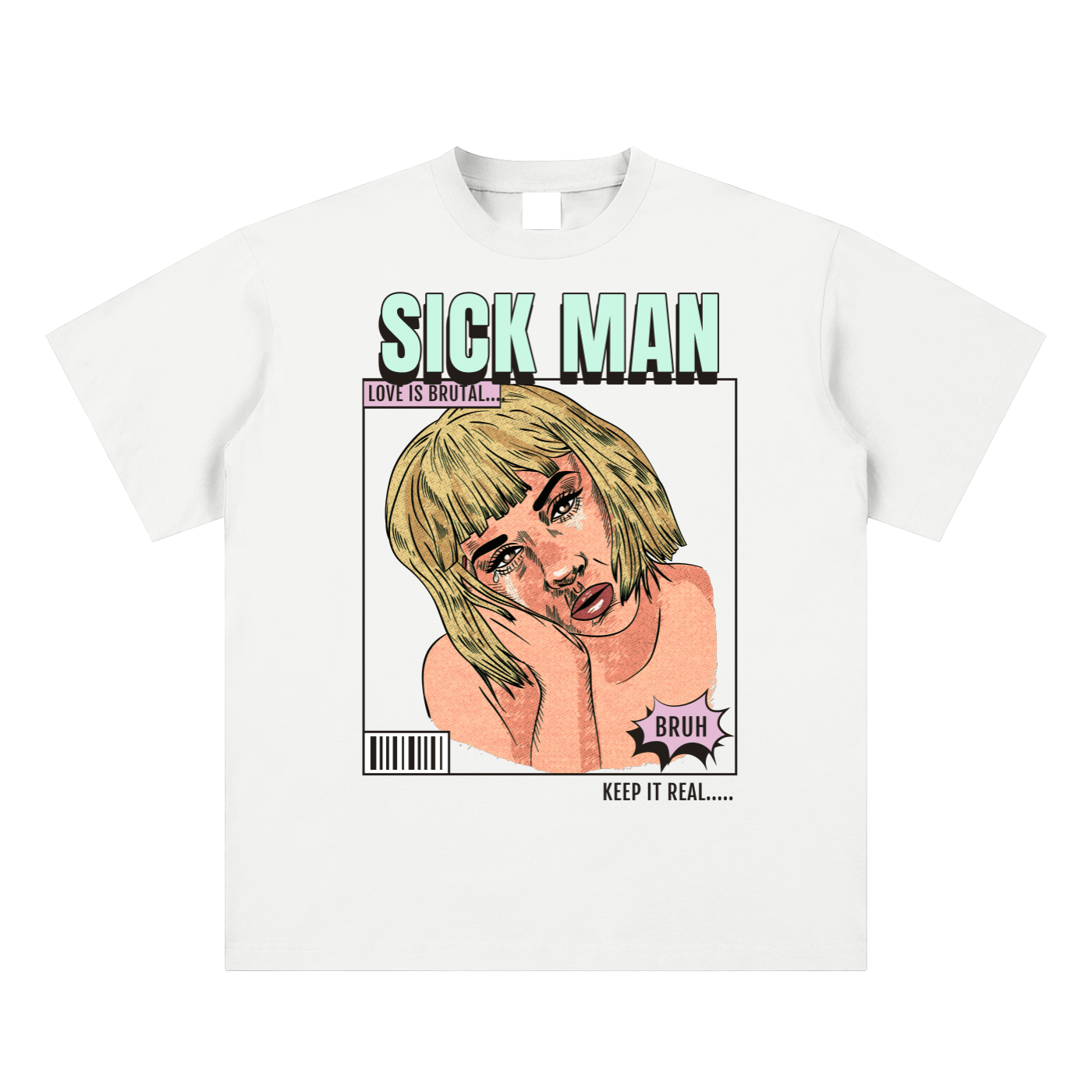 White t-shirt with graphic design featuring a person with green hair and text on a white background