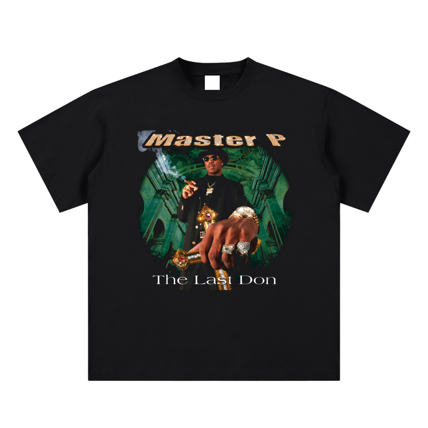 Black t-shirt with 'Master P The Last Don' graphic design on a white background