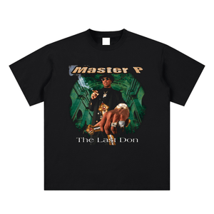 Black t-shirt with 'Master P The Last Don' graphic design on a white background