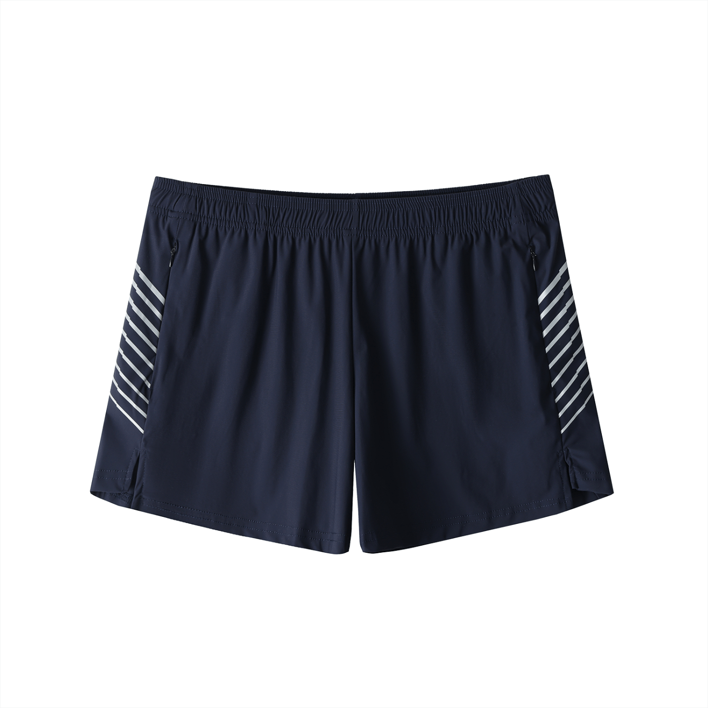 Navy shorts with white stripes on a white background