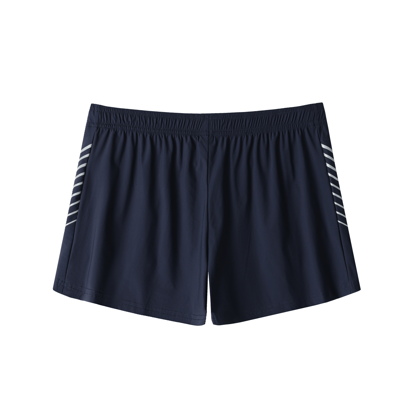 Navy blue shorts with white stripes on a white background