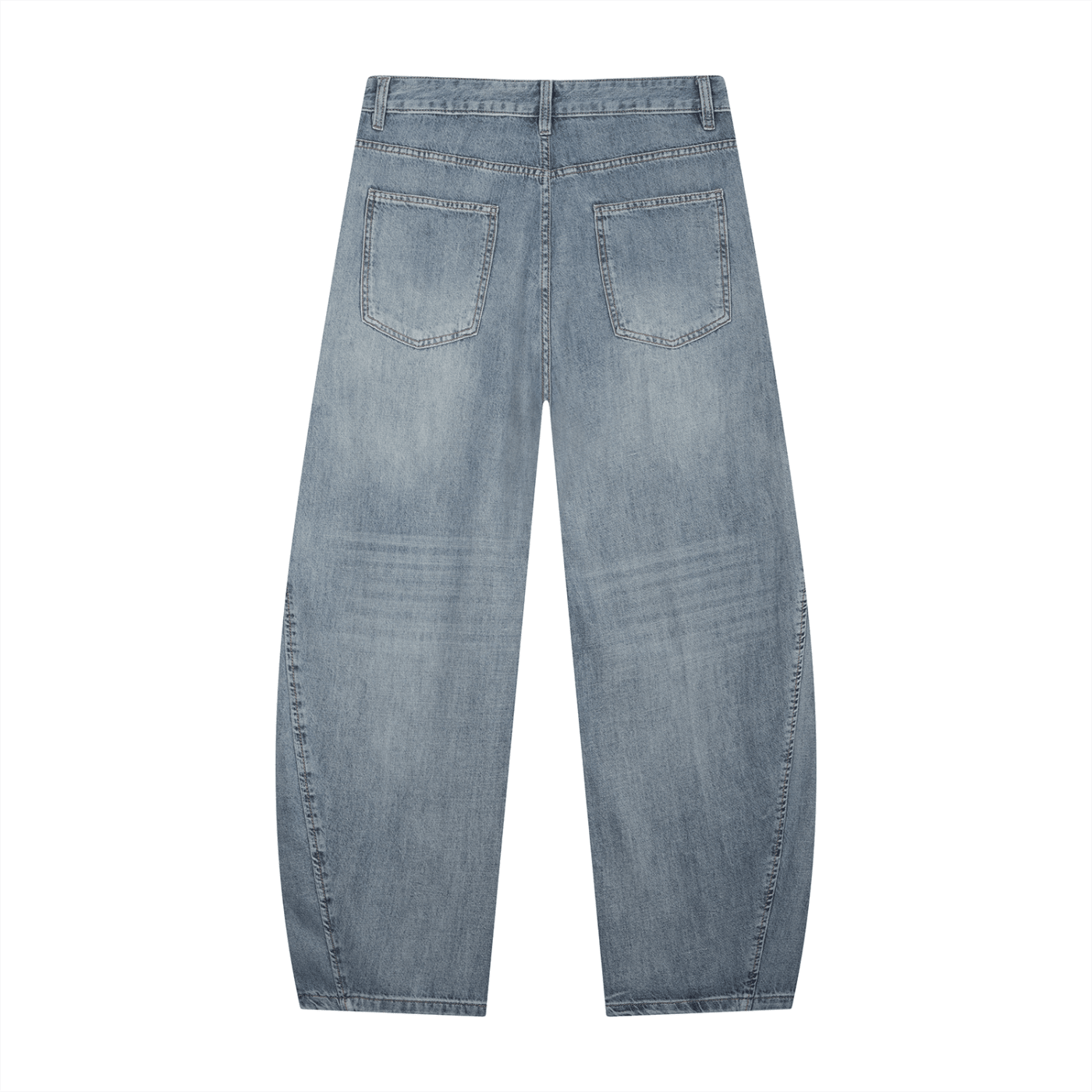Back view of light blue jeans on a white background