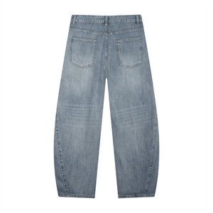 Back view of light blue jeans on a white background