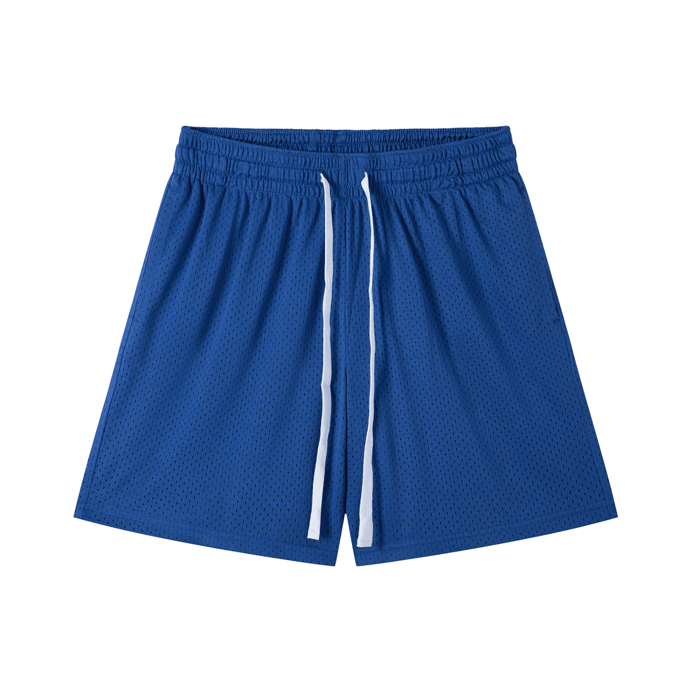 Blue athletic shorts with white drawstrings on a white background