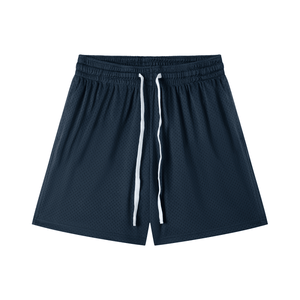 Navy blue shorts with white drawstring on a white background