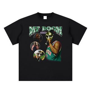 Black t-shirt with MF DOOM graphic design on a white background