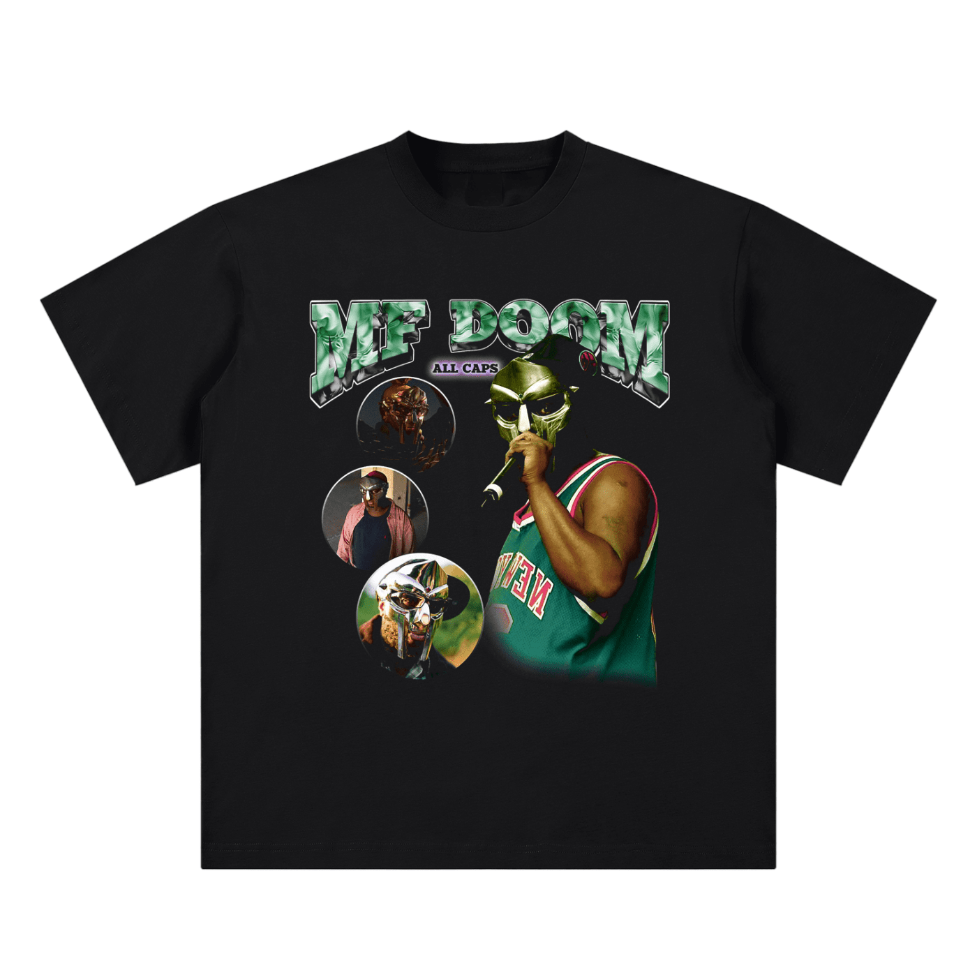 Black t-shirt with MF DOOM graphic design on a white background