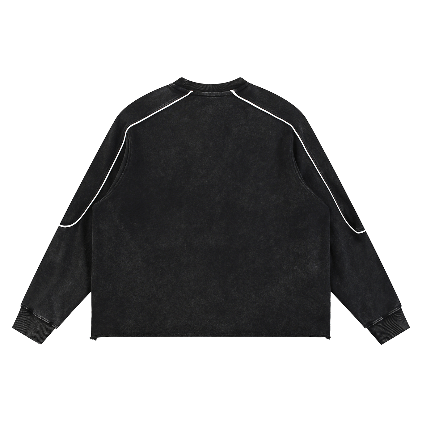 Black sweatshirt with white accents on a white background