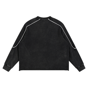Black sweatshirt with white accents on a white background