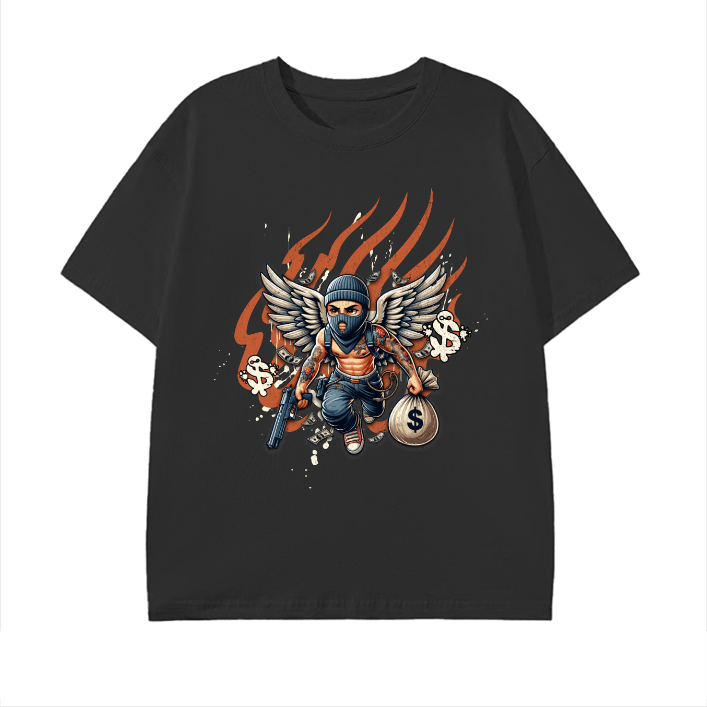 Black t-shirt with a graphic design of a character holding a bag of money and a gun on a white background.