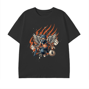 Black t-shirt with a graphic design of a character holding a bag of money and a gun on a white background.