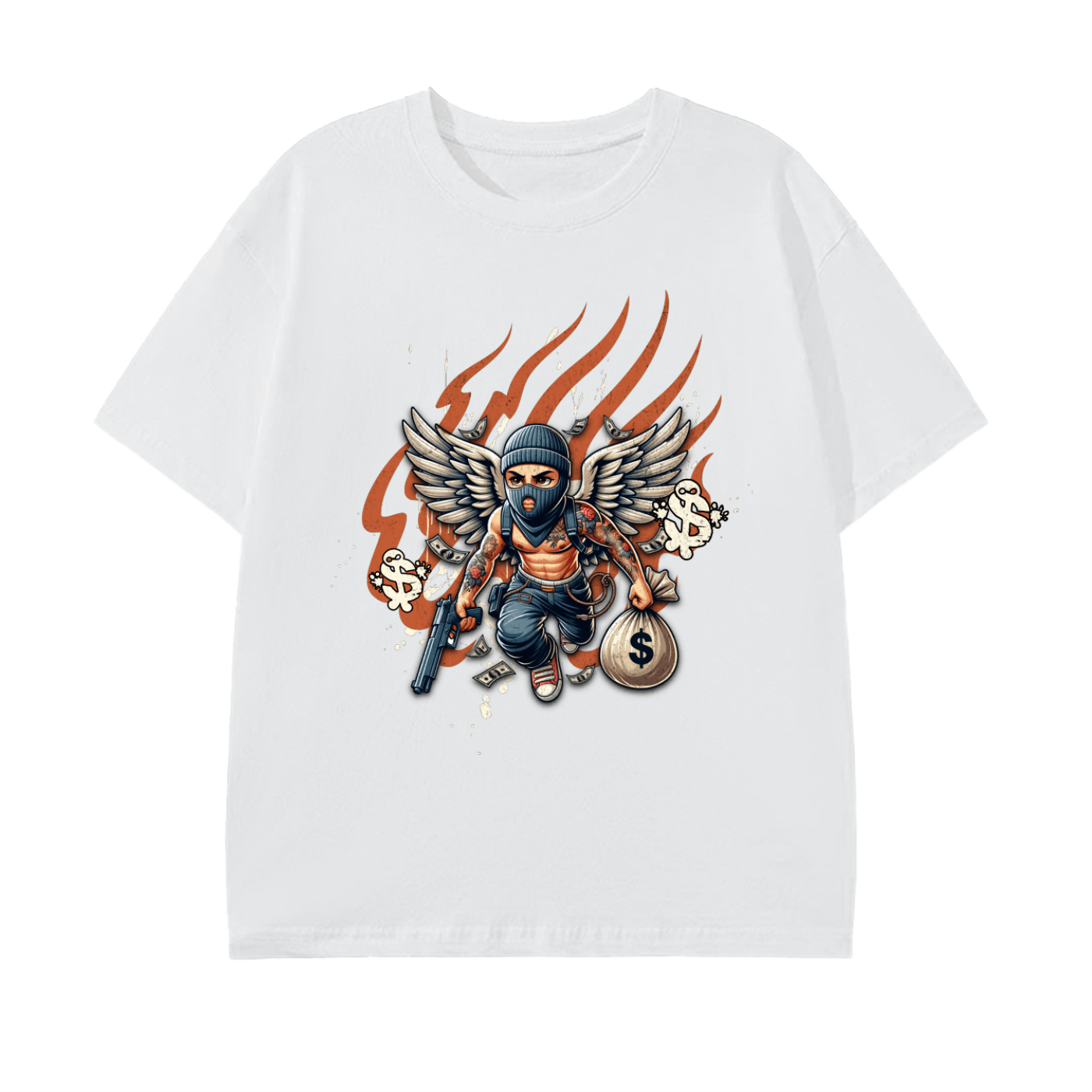 White t-shirt with a graphic design of a character with wings and a mask on a white background