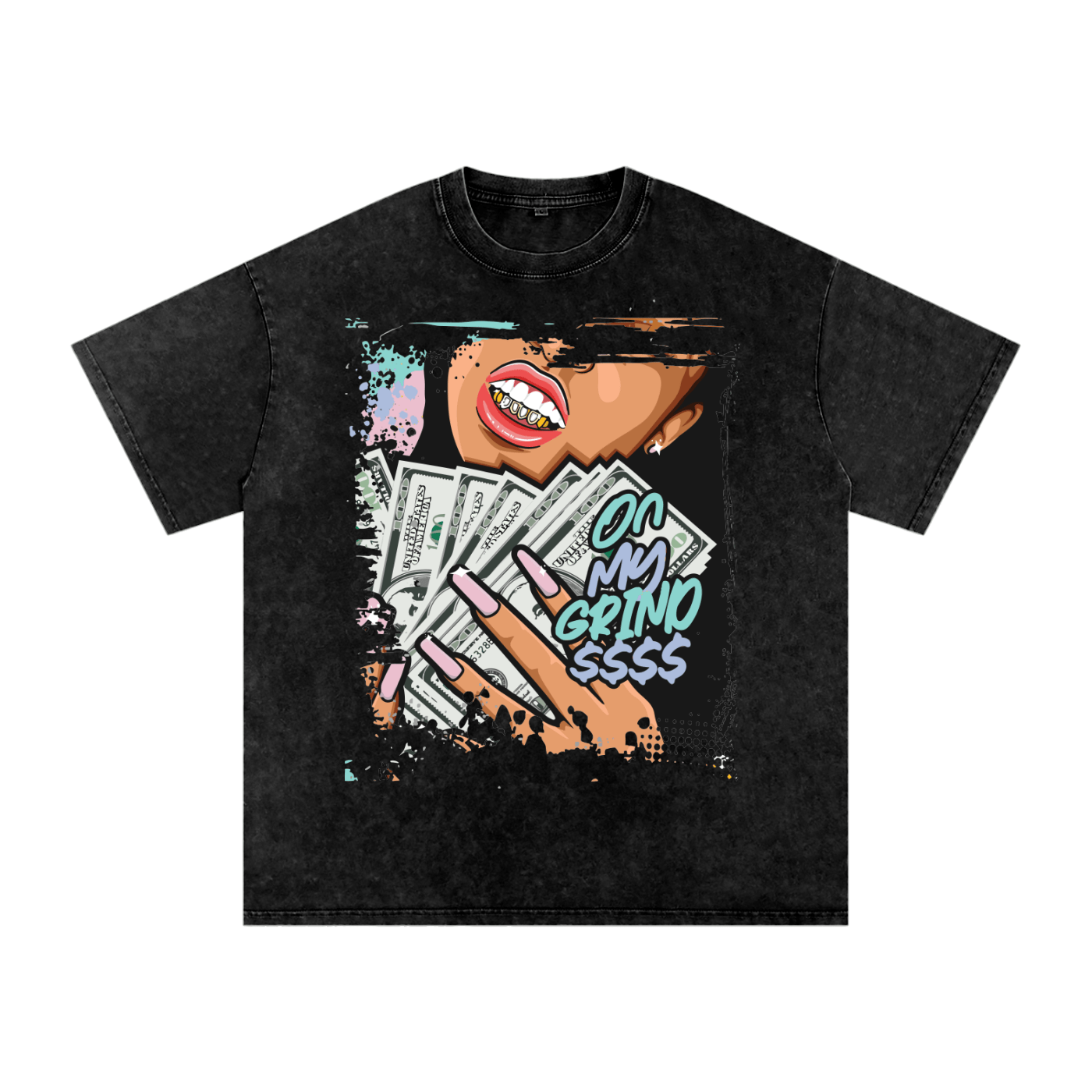 Black t-shirt with graphic design of a face, money, and text on a white background
