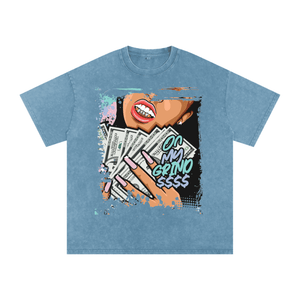 Blue t-shirt with graphic design featuring a face, money, and text on a white background