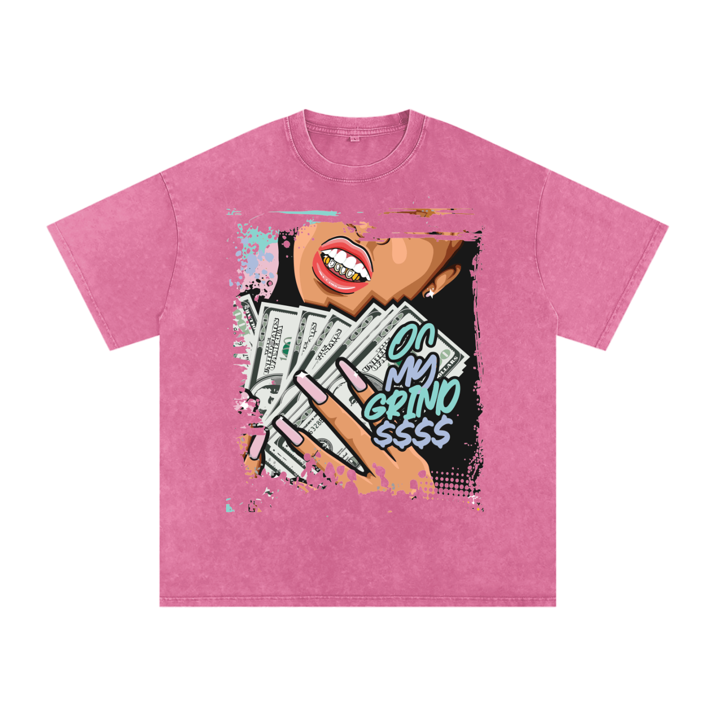 Pink t-shirt with graphic design of a person holding money and text on a white background
