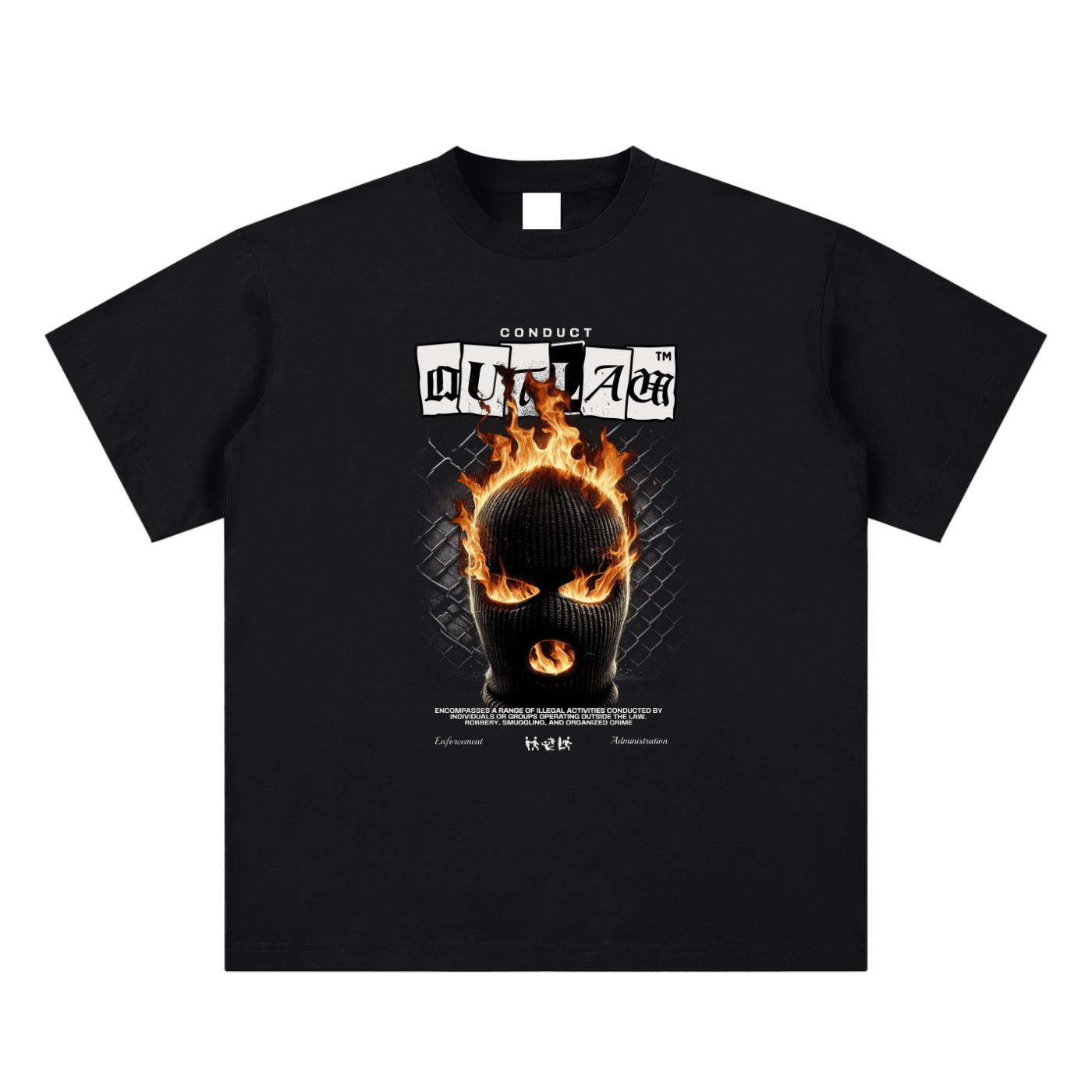 Black t-shirt with a graphic design featuring a flaming mask and text on a white background