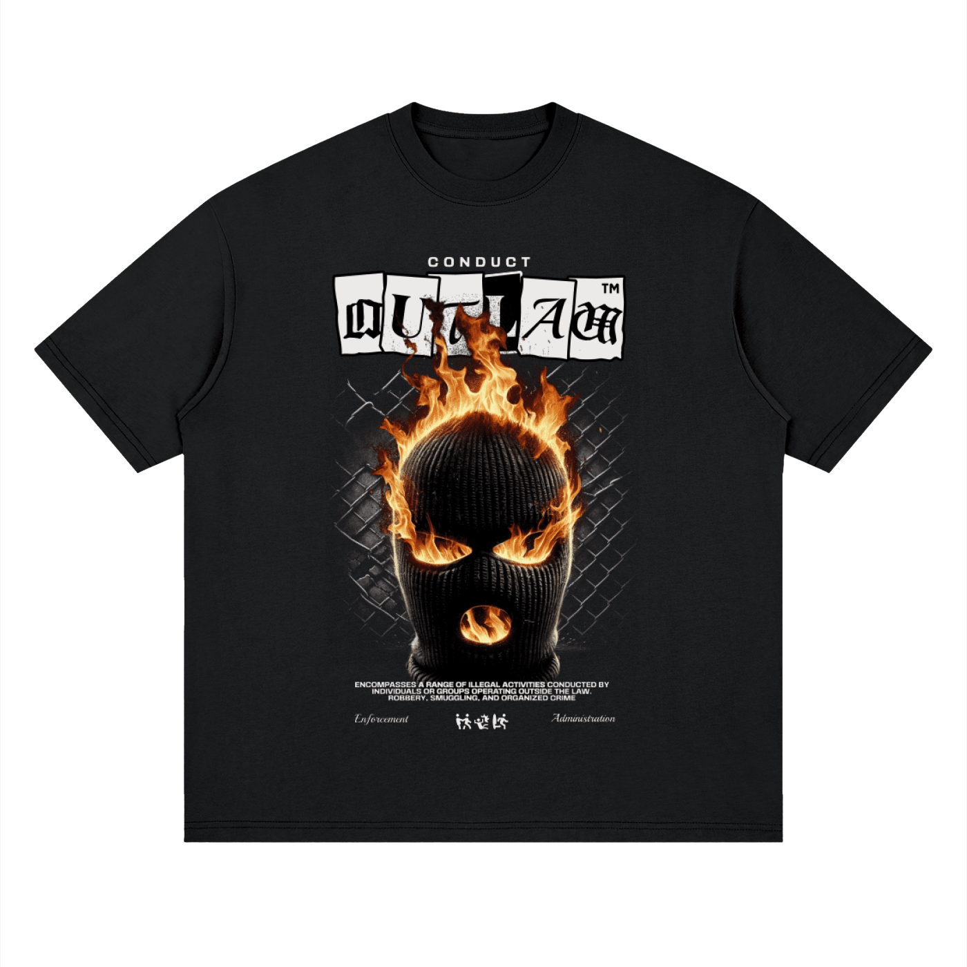 A black short-sleeve t-shirt with a graphic print on the front. The graphic features the text 'CONDUIT OUTLAVER' above a black balaclava mask engulfed in orange and yellow flames, set against a dark chain-link fence background.