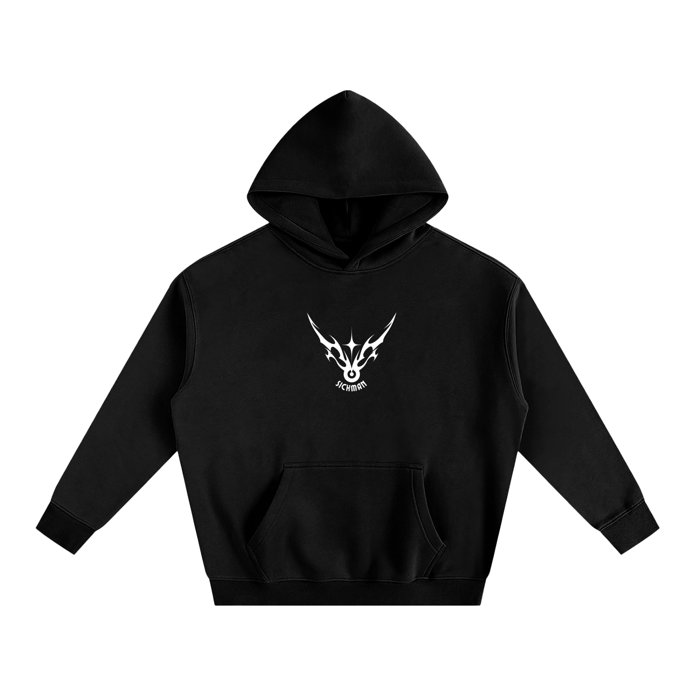 Black hoodie with a white logo on a white background