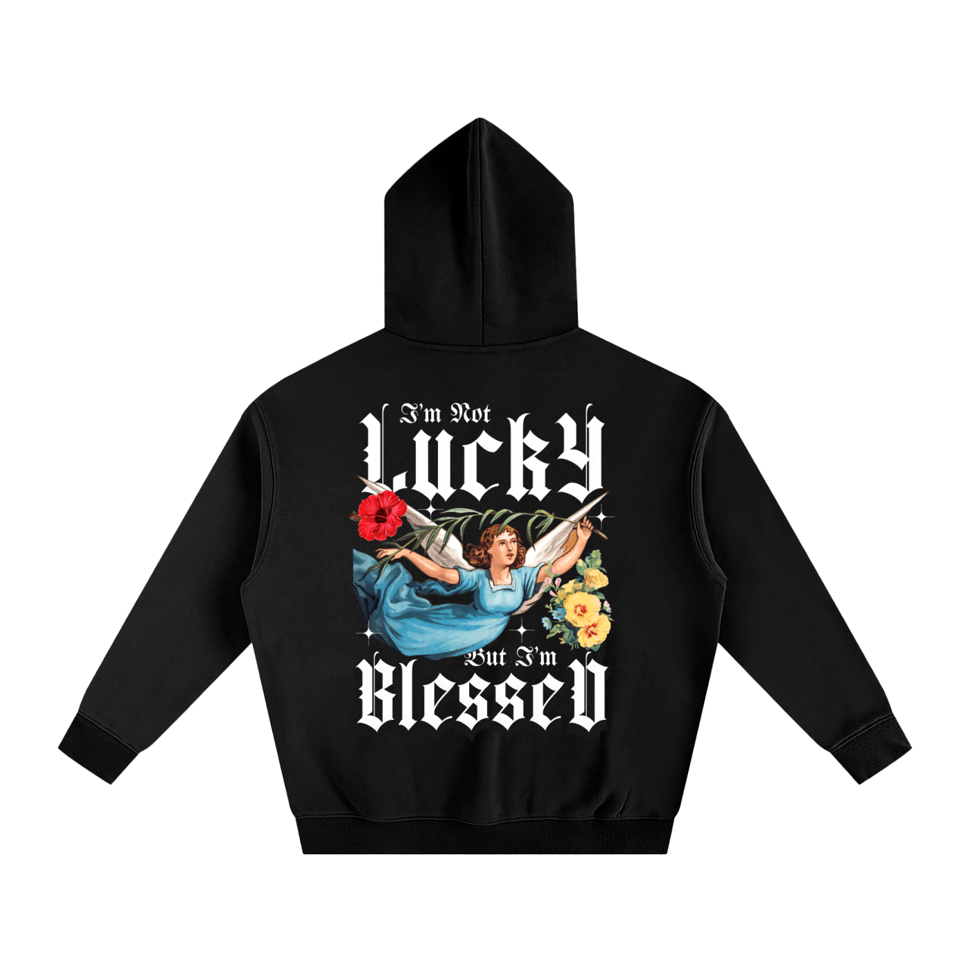 Black hoodie with graphic design and text on a white background