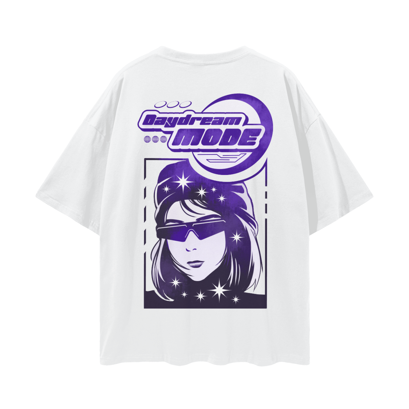 White t-shirt with purple graphic design on a white background