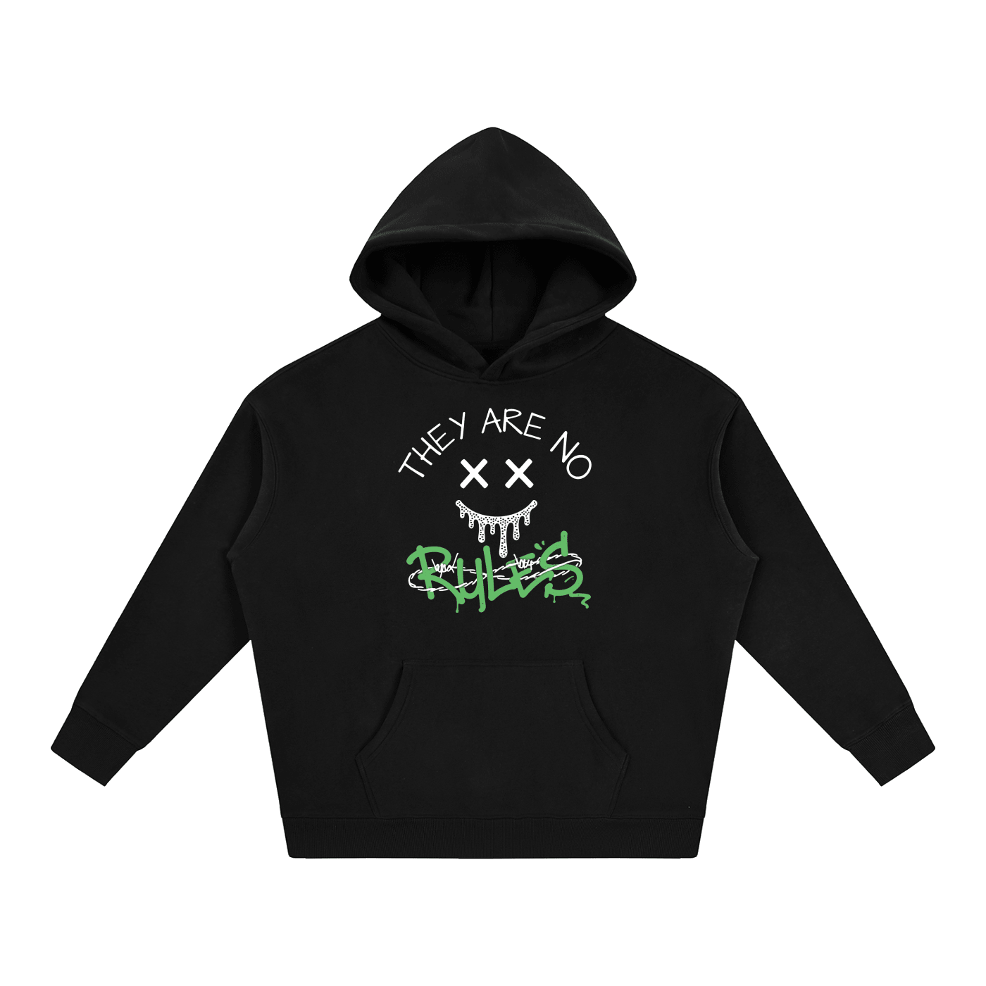 Black hoodie with text and graphics on a white background