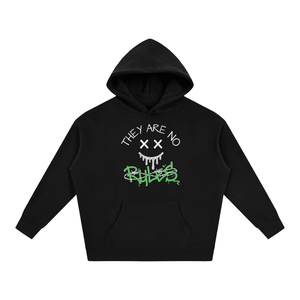 Black hoodie with text and graphics on a white background