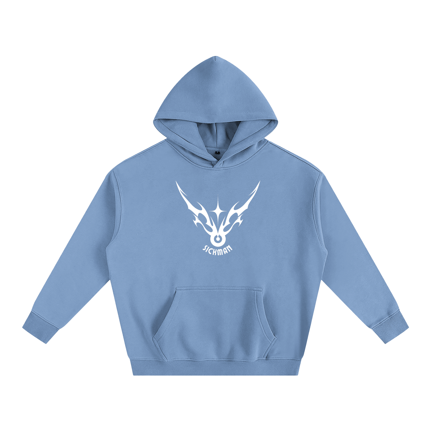 Light blue hoodie with a white logo on a white background
