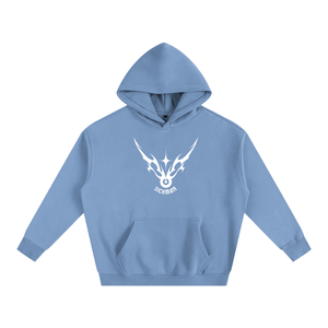 Light blue hoodie with a white logo on a white background