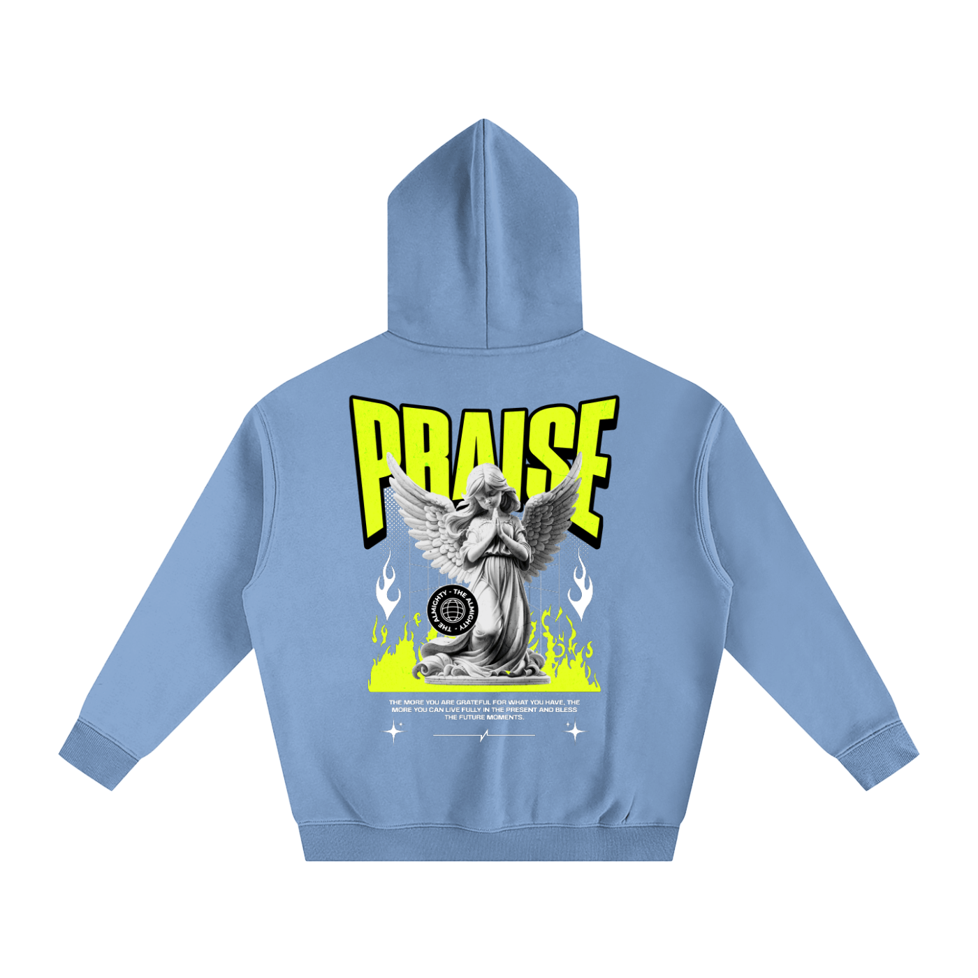 Light blue hoodie with 'PRAISE' graphic on the back against a white background