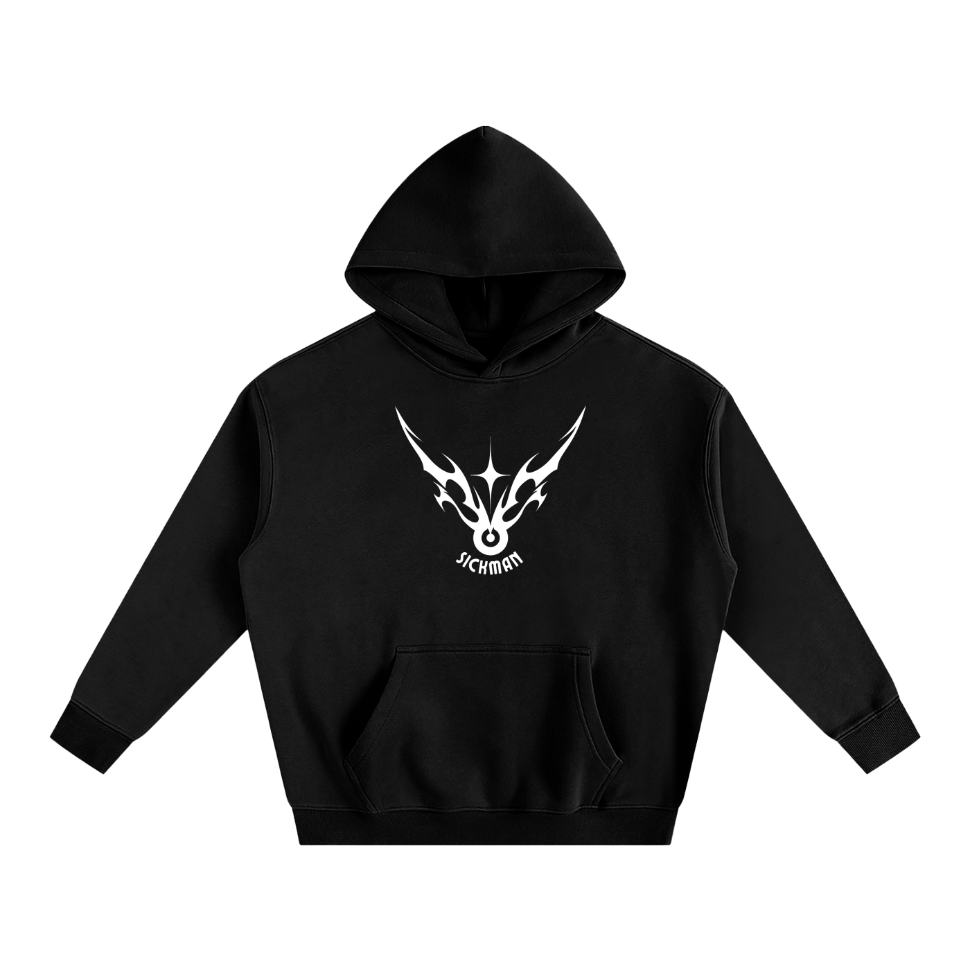 Black hoodie with a white logo on a white background