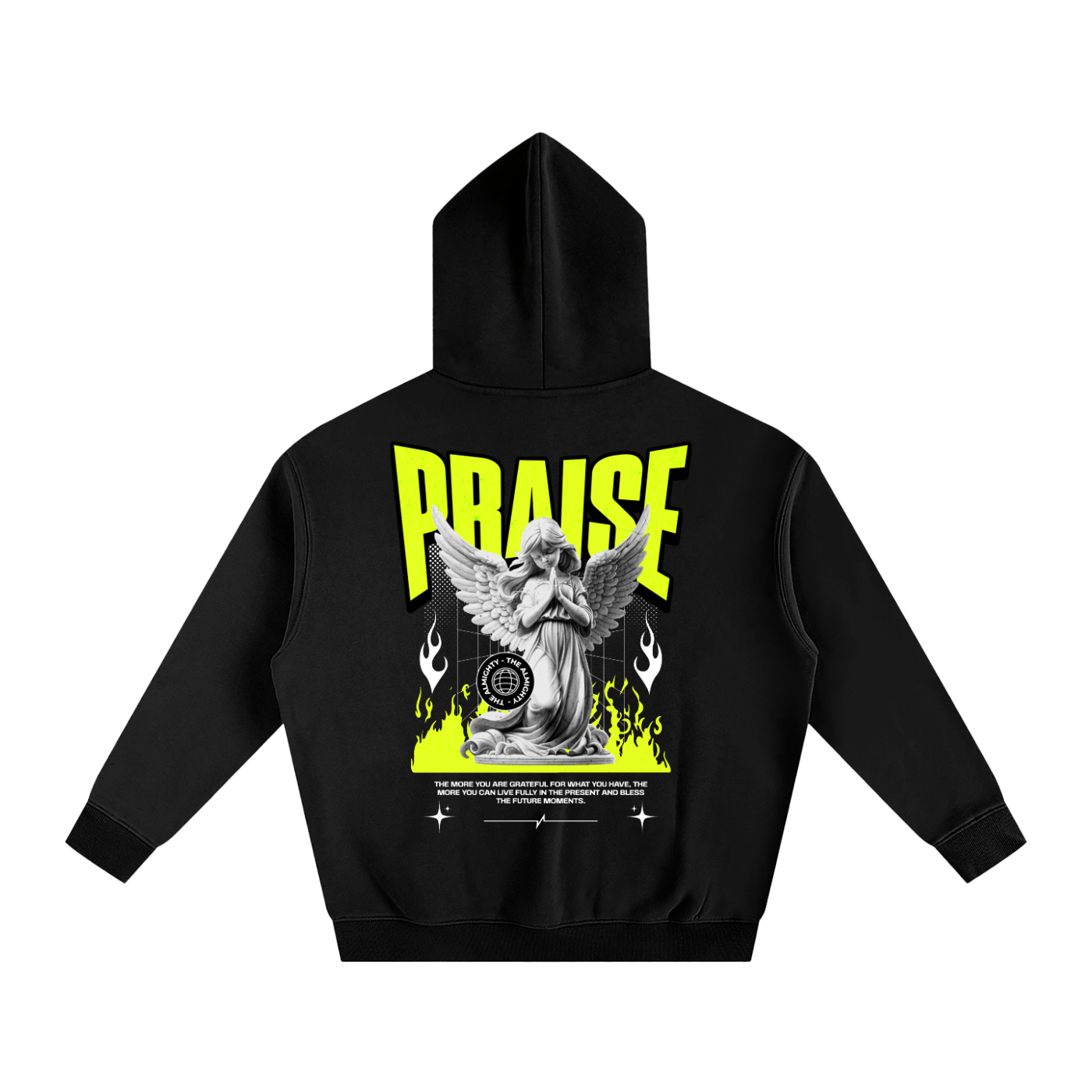 Black hoodie with 'PRAISE' text and graphic design on the back against a white background