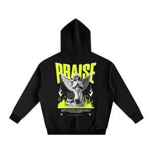 Black hoodie with 'PRAISE' text and graphic design on the back against a white background