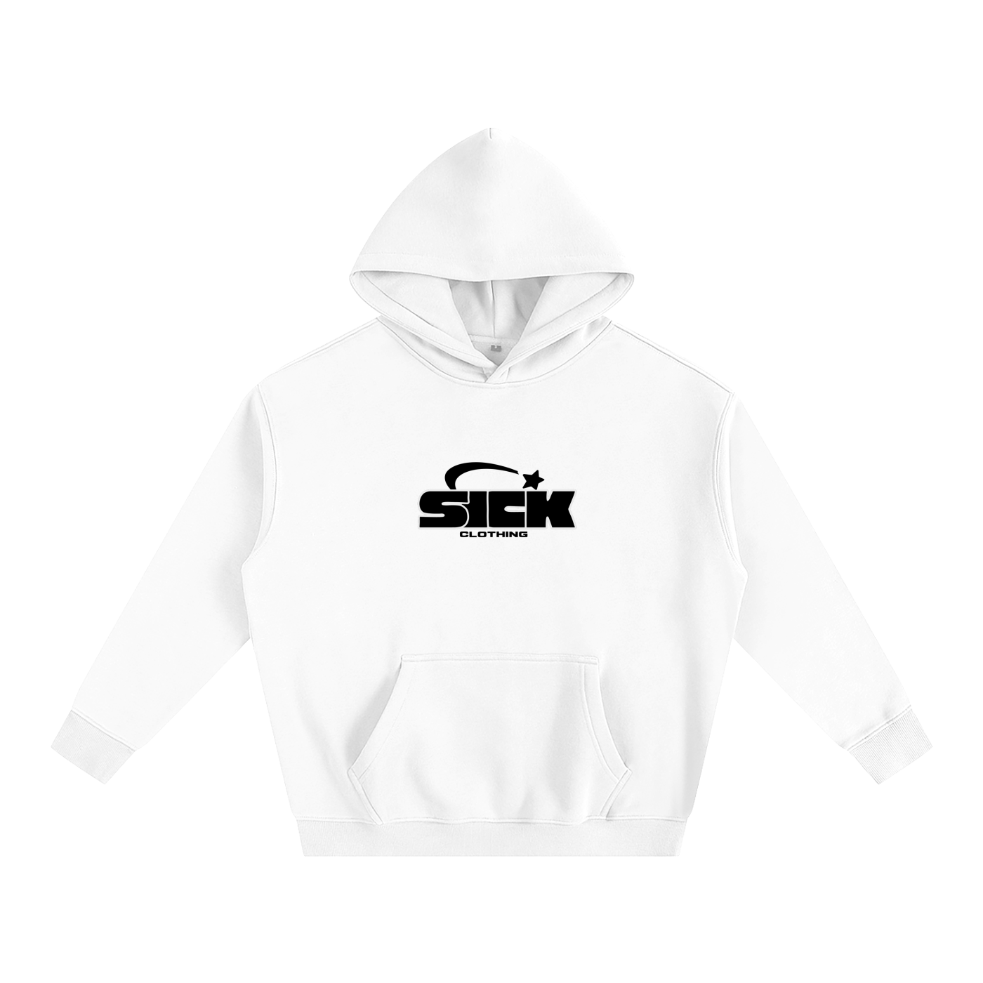 White hoodie with a black logo on a white background