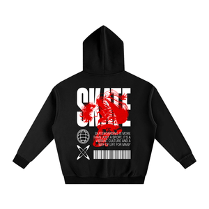 Black hoodie with red and white graphic on the back on a white background