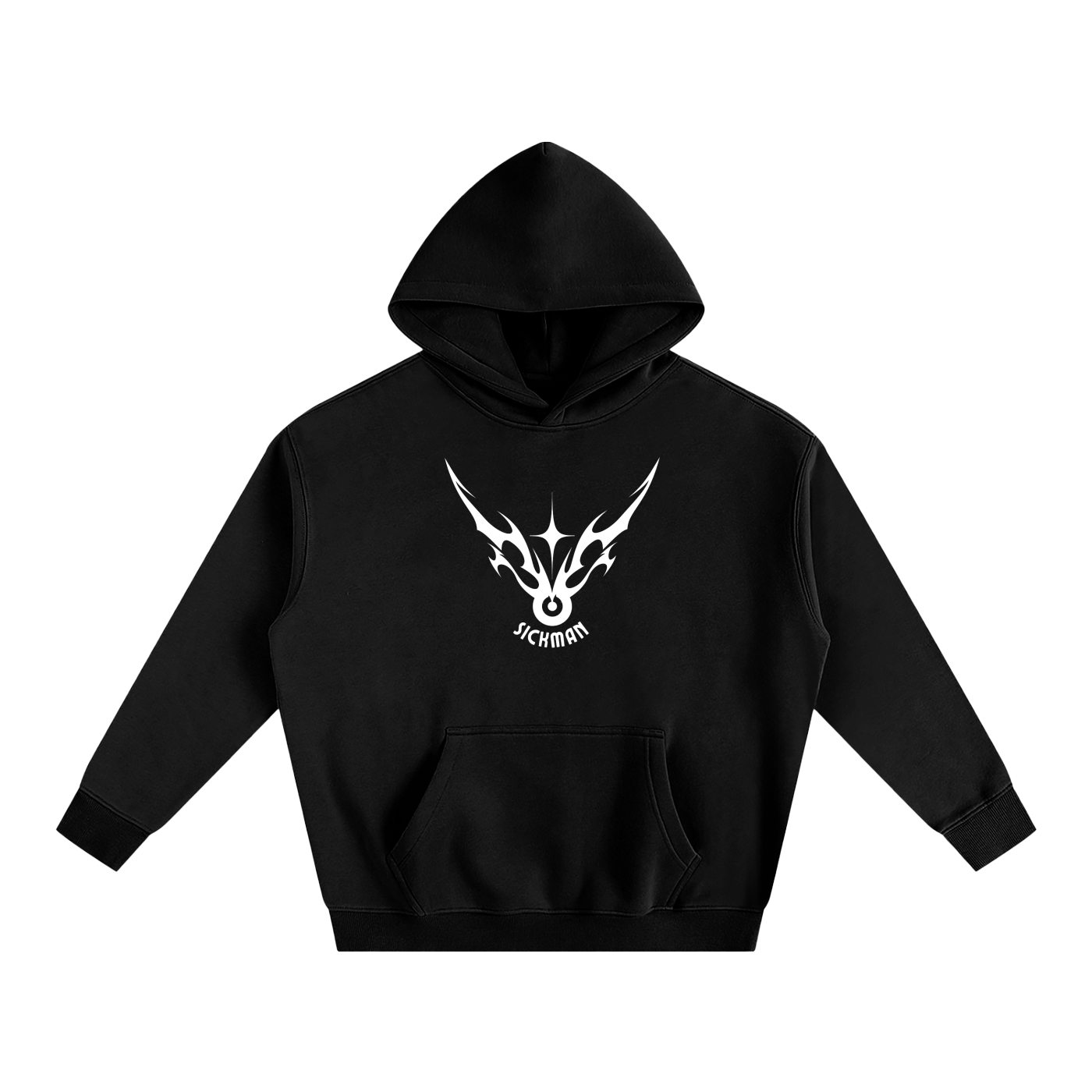 Black hoodie with a white logo on a white background
